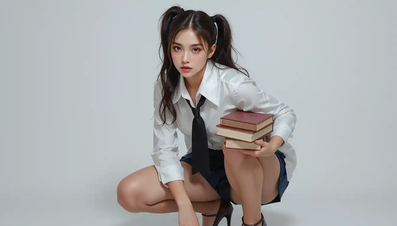 Young woman crouching in satin shirt and pleated skirt