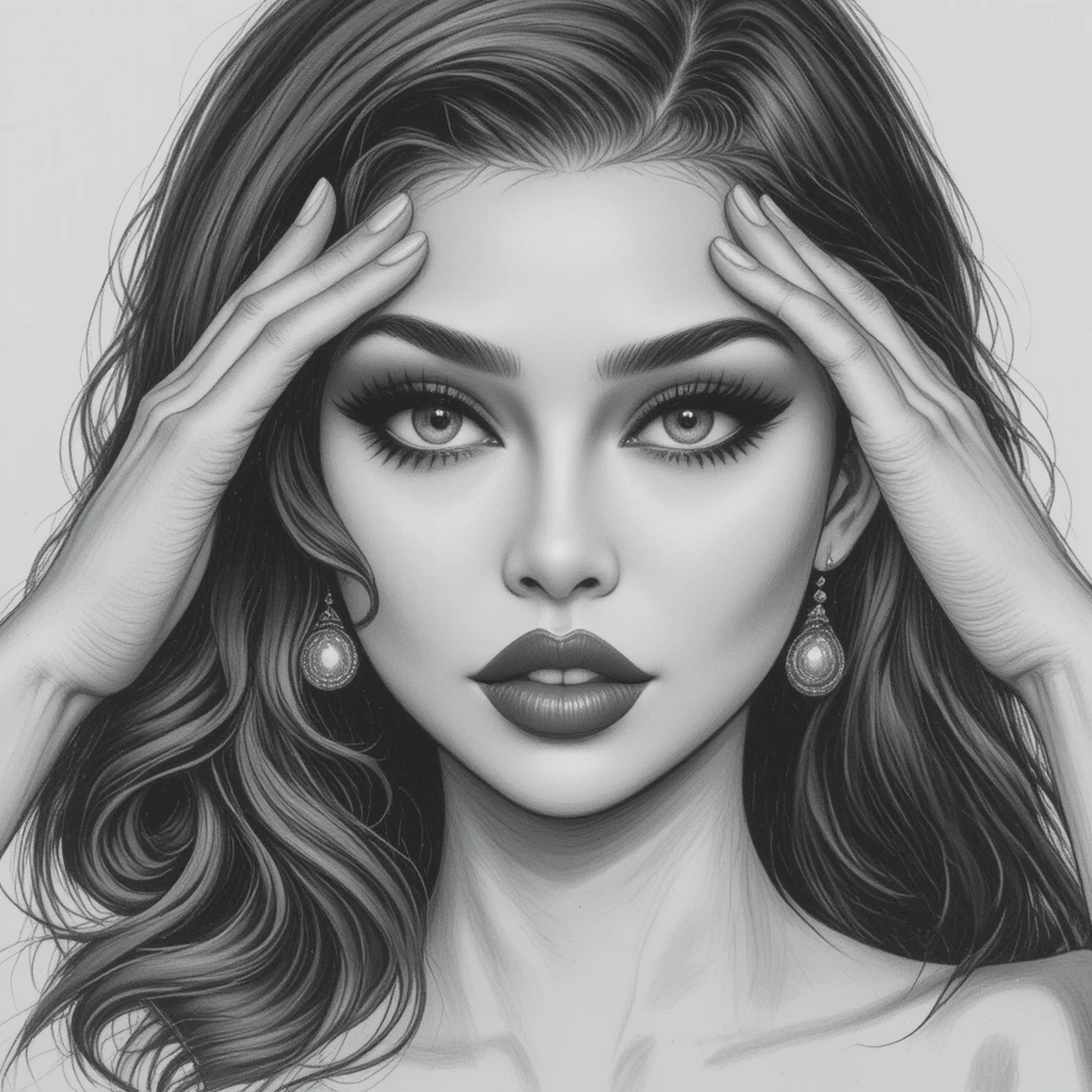 Retrato a lápiz de una chica enmarcando su ojo con manos en forma de corazón