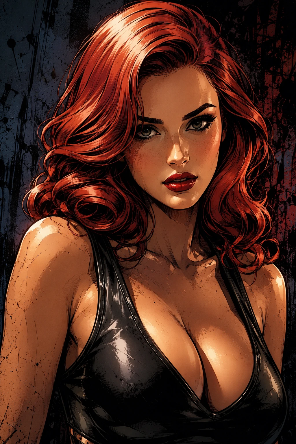 Red haired girl in leather top close up illustration