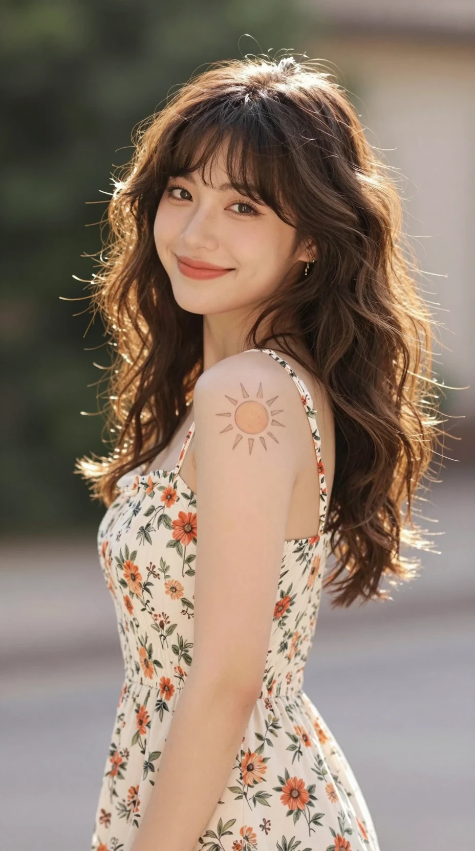 Young woman in floral sundress smiling warmly outdoors