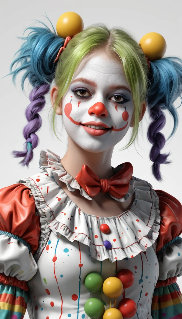3d clown girl portrait with pigtails on white background