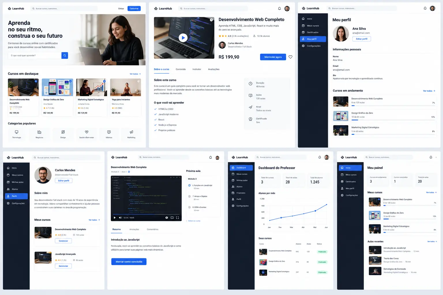 Interfaz de LMS limpia inspirada en plataformas populares de cursos online