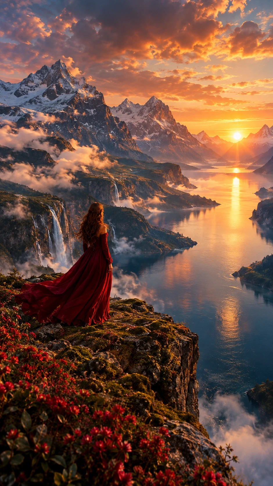 Mujer con vestido carmesí sobre un fiordo al atardecer