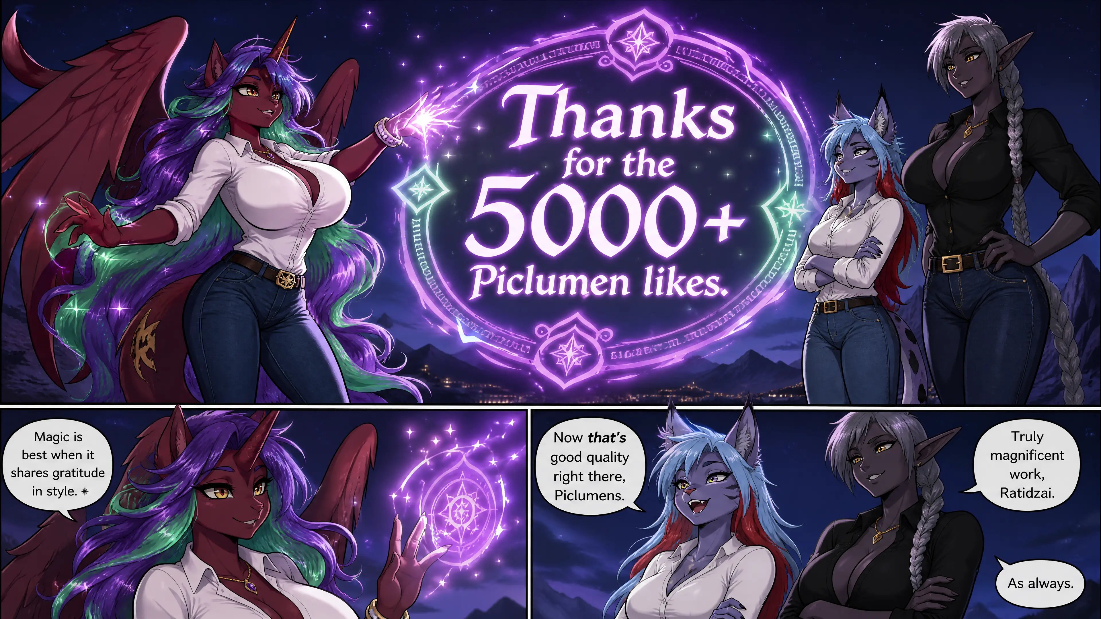 Winged alicorn woman casting a glowing thank you spell