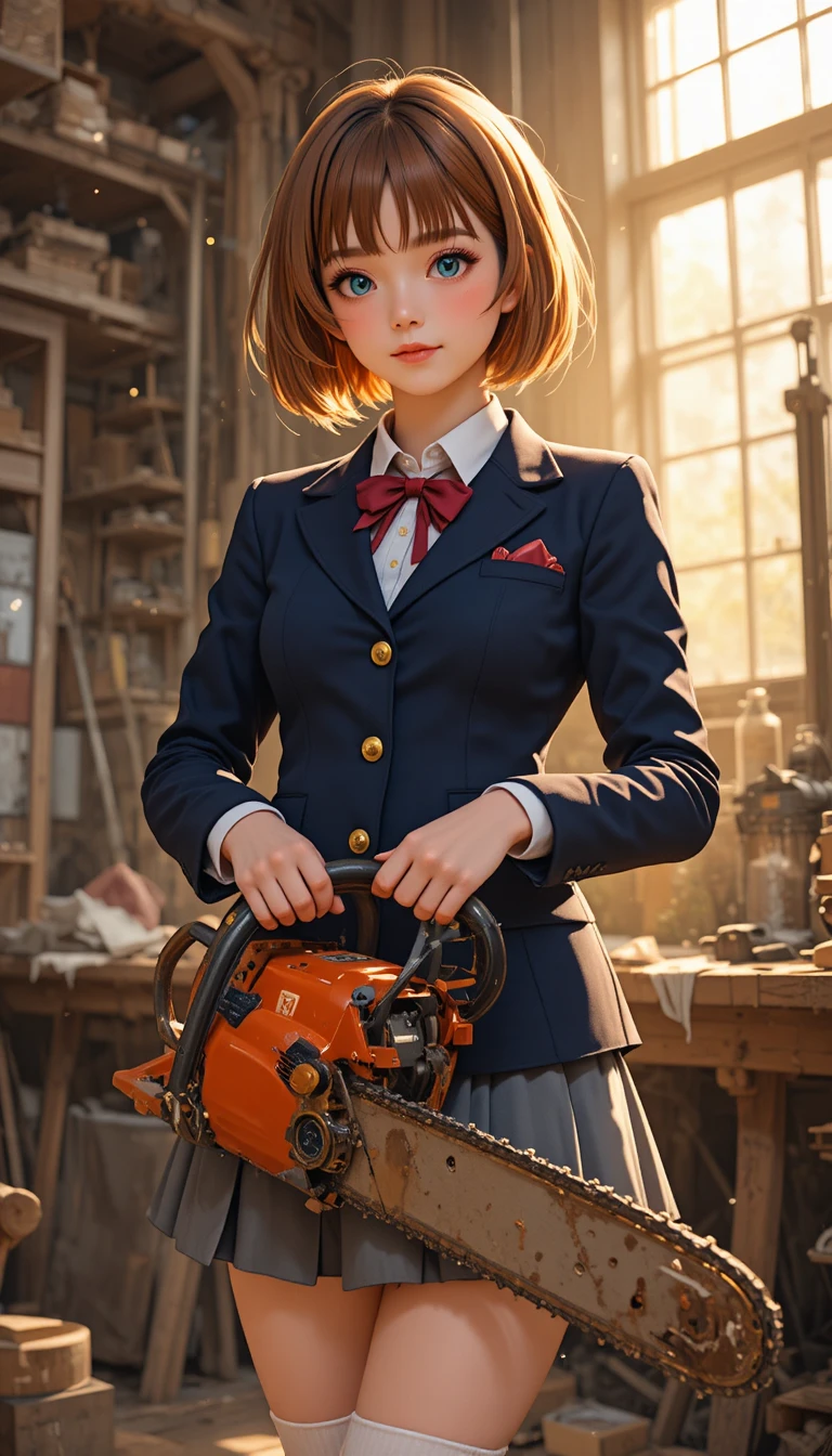 Anime schoolgirl with chainsaw in warm rustic workshop