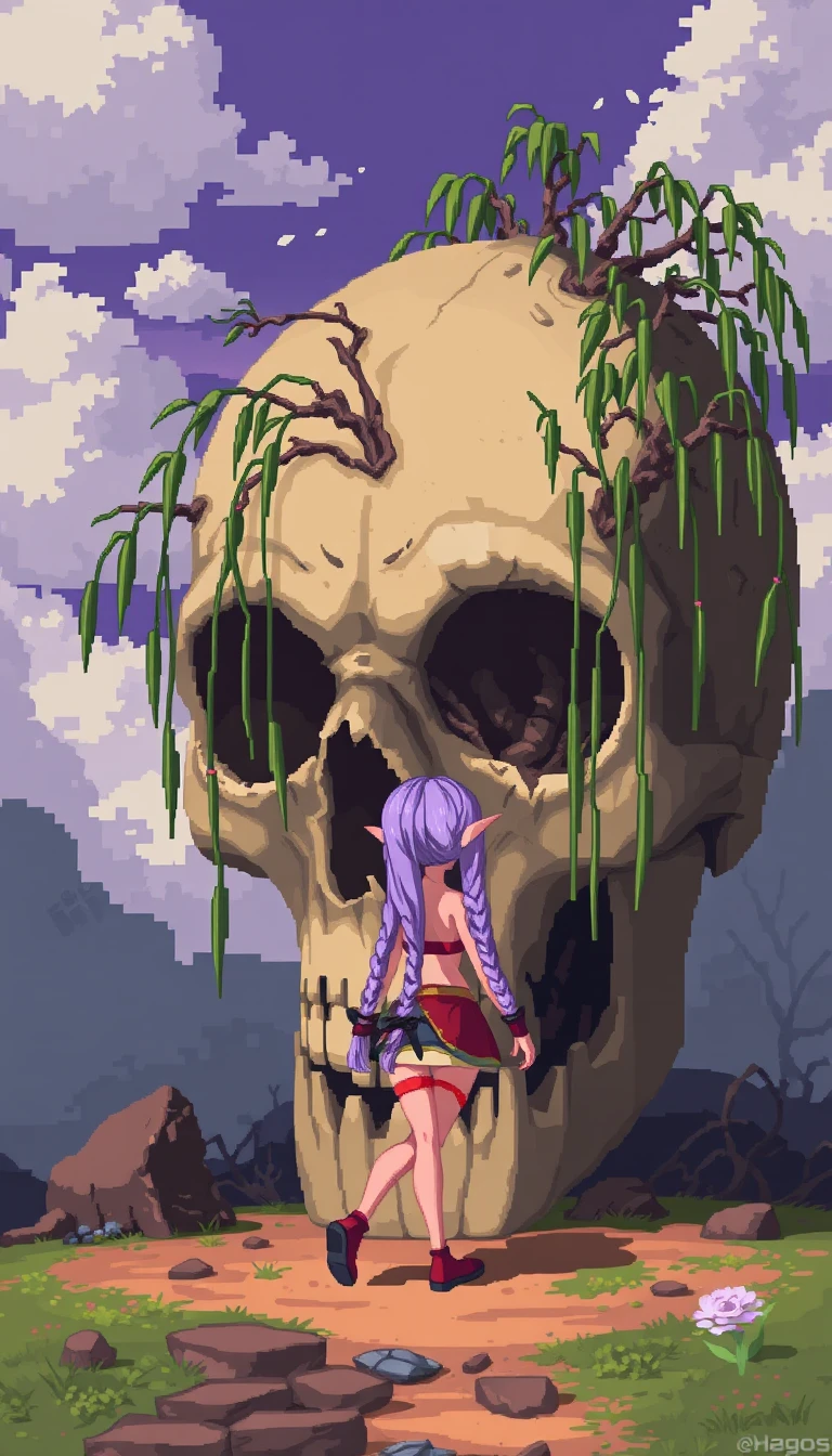 Chica de fantasía en pixel art caminando junto a una calavera gigante