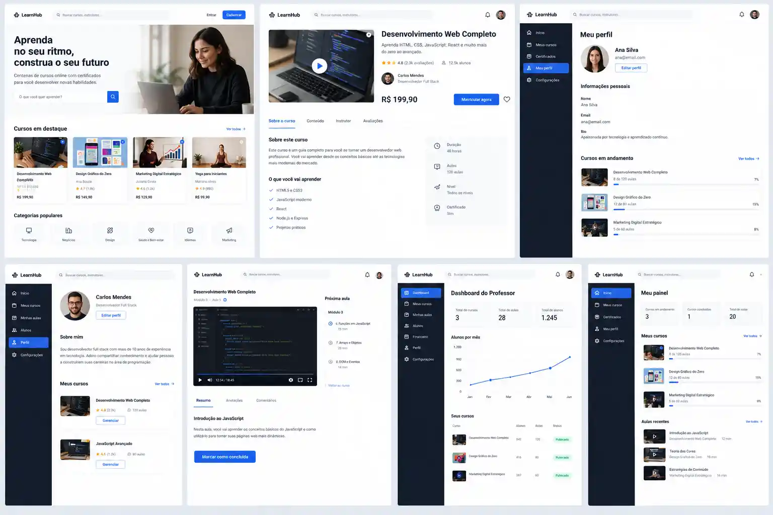 Interfaz de LMS limpia inspirada en plataformas populares de cursos online