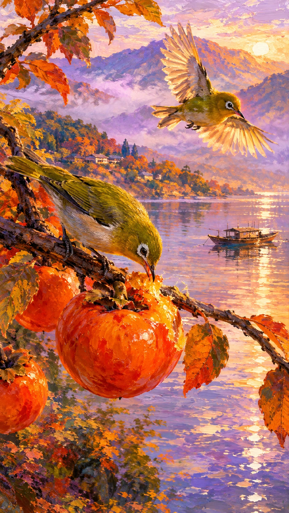Songbird feeding on ripe persimmon above reflective water