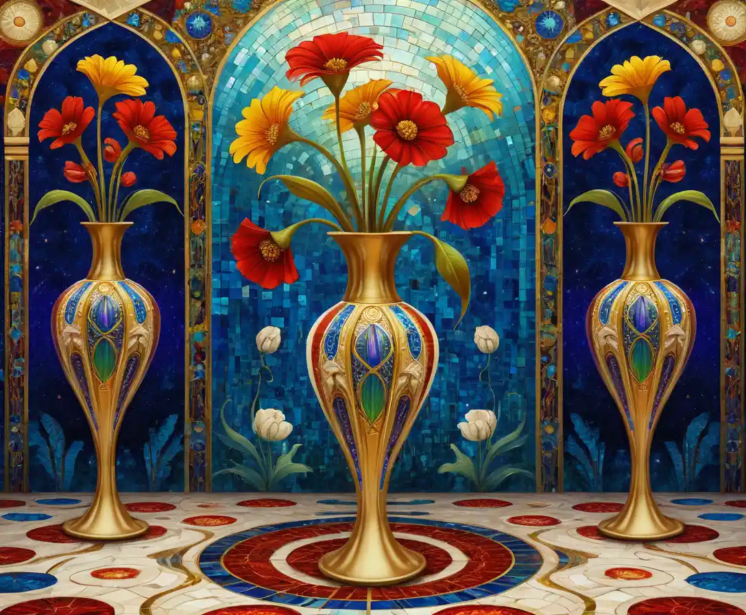 Whimsical flower bouquet in tall vase with abstract mosaic