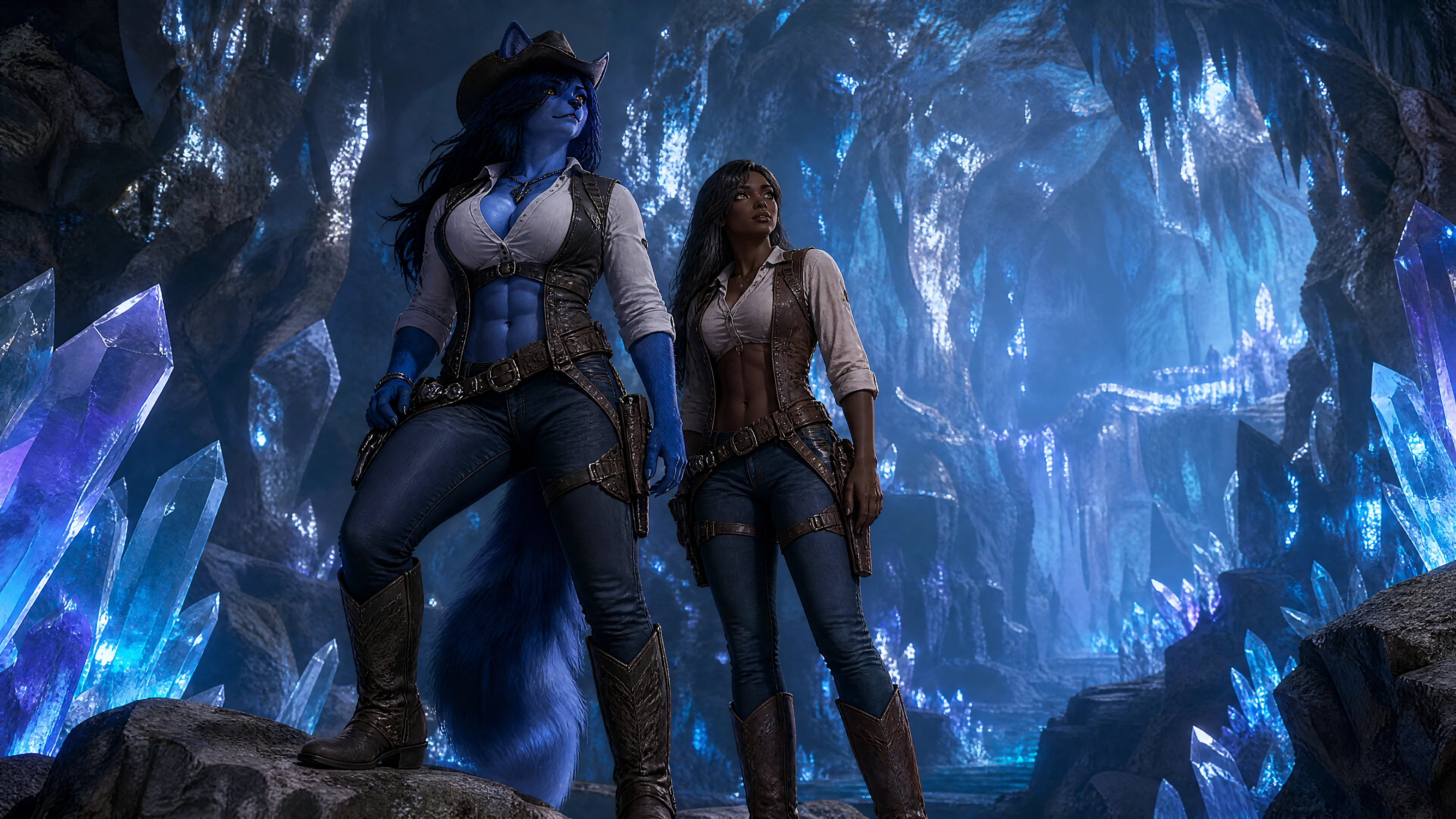 Mujer lobo anthro y pareja humana en caverna de cristal