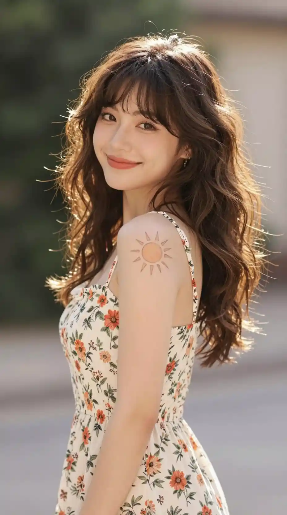 Young woman in floral sundress smiling warmly outdoors
