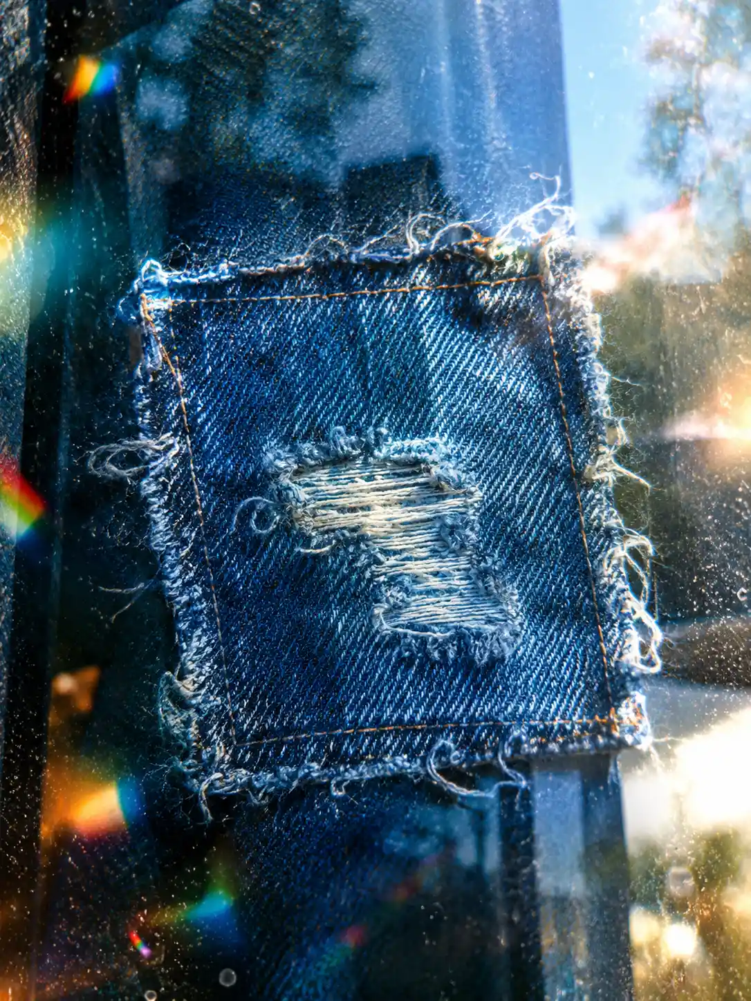 Primer plano de parche de tela vaquera azul detrás de vidrio reflectante