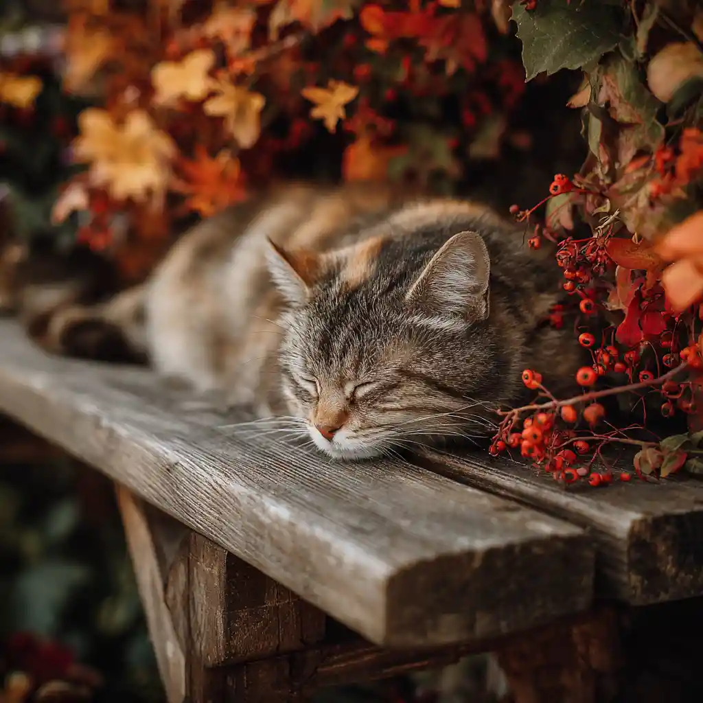 Sleeping striped cat on a cozy autumn wooden garden bench