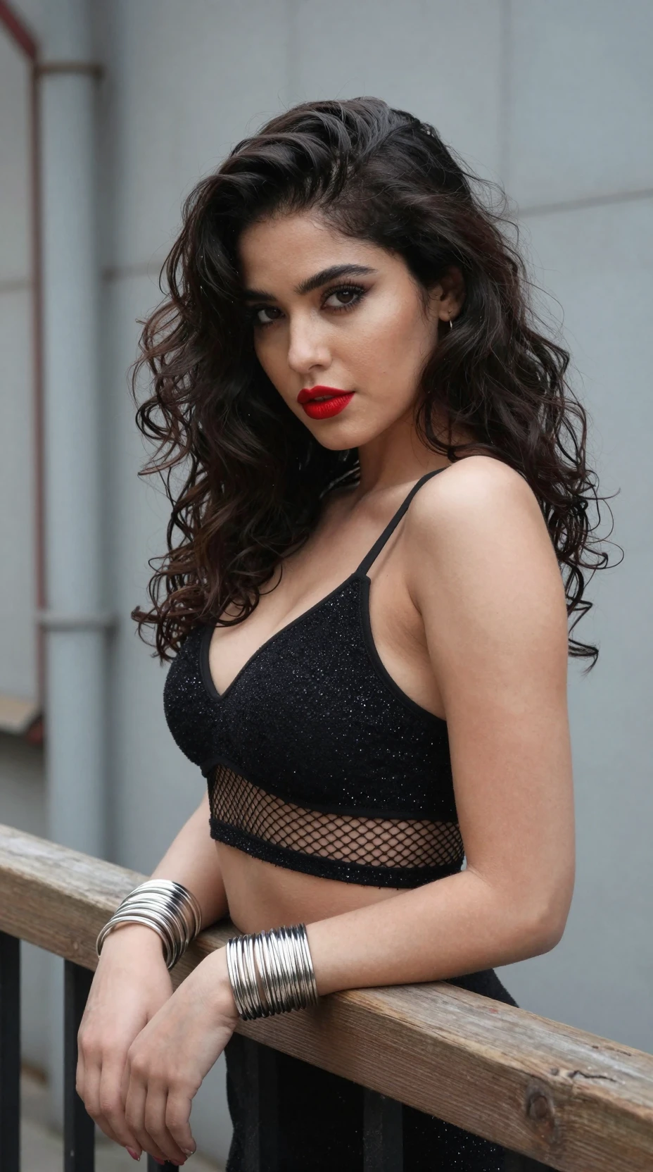 Mujer confiada con top corto negro junto a baranda industrial