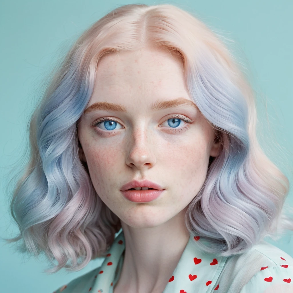 Pastel haired girl with blue eyes and freckles portrait
