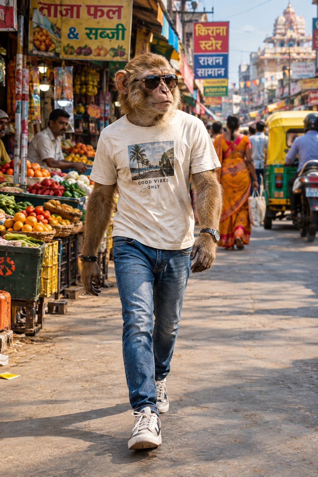 Anthropomorphic monkey walking through a busy Indian street market