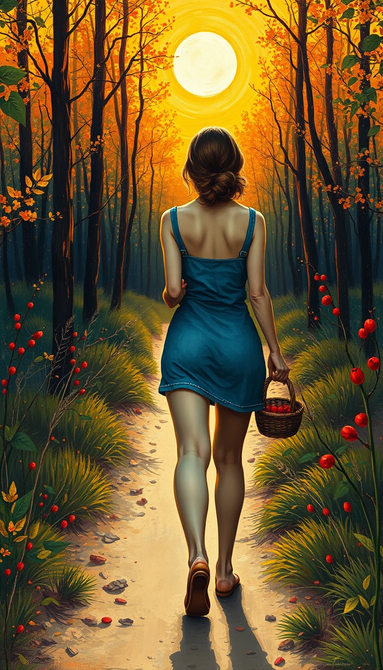 Woman walking on a sandy forest path with berry basket