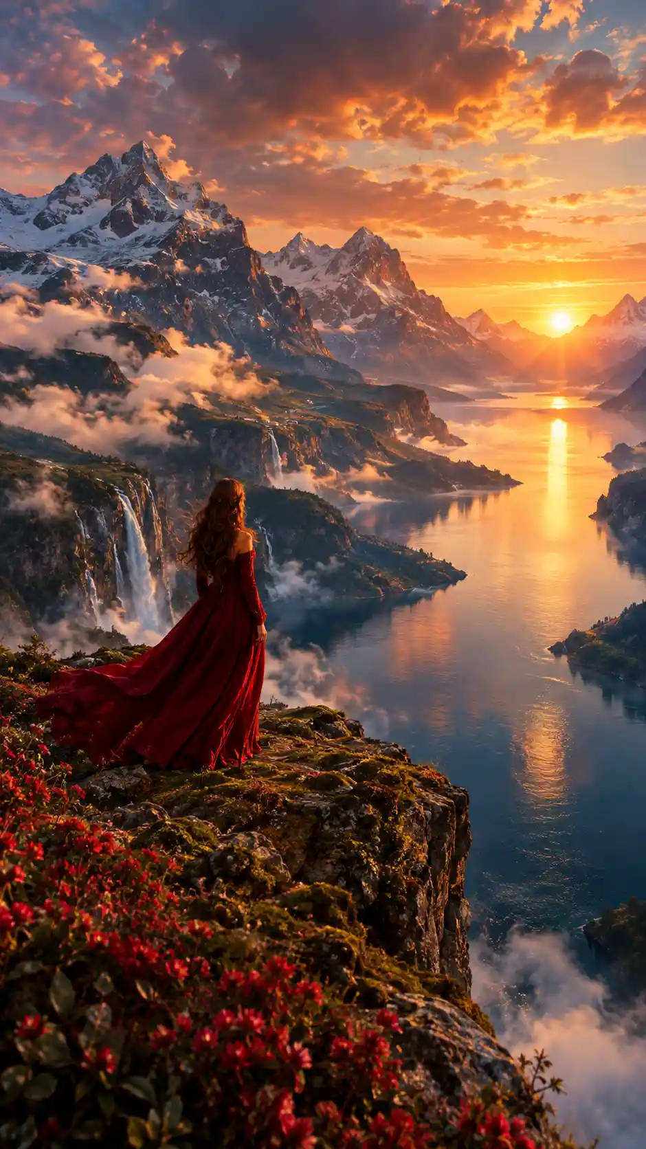 Mujer con vestido carmesí sobre un fiordo al atardecer