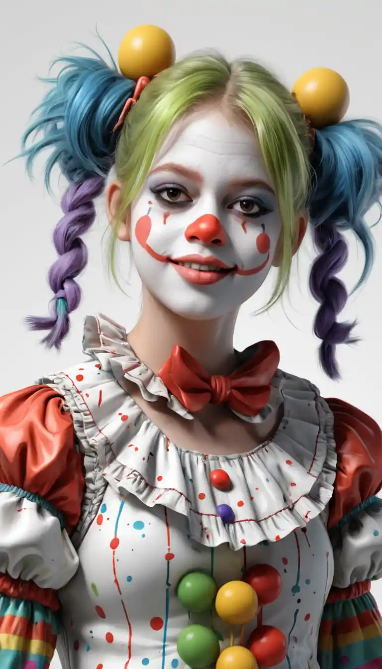 3d clown girl portrait with pigtails on white background