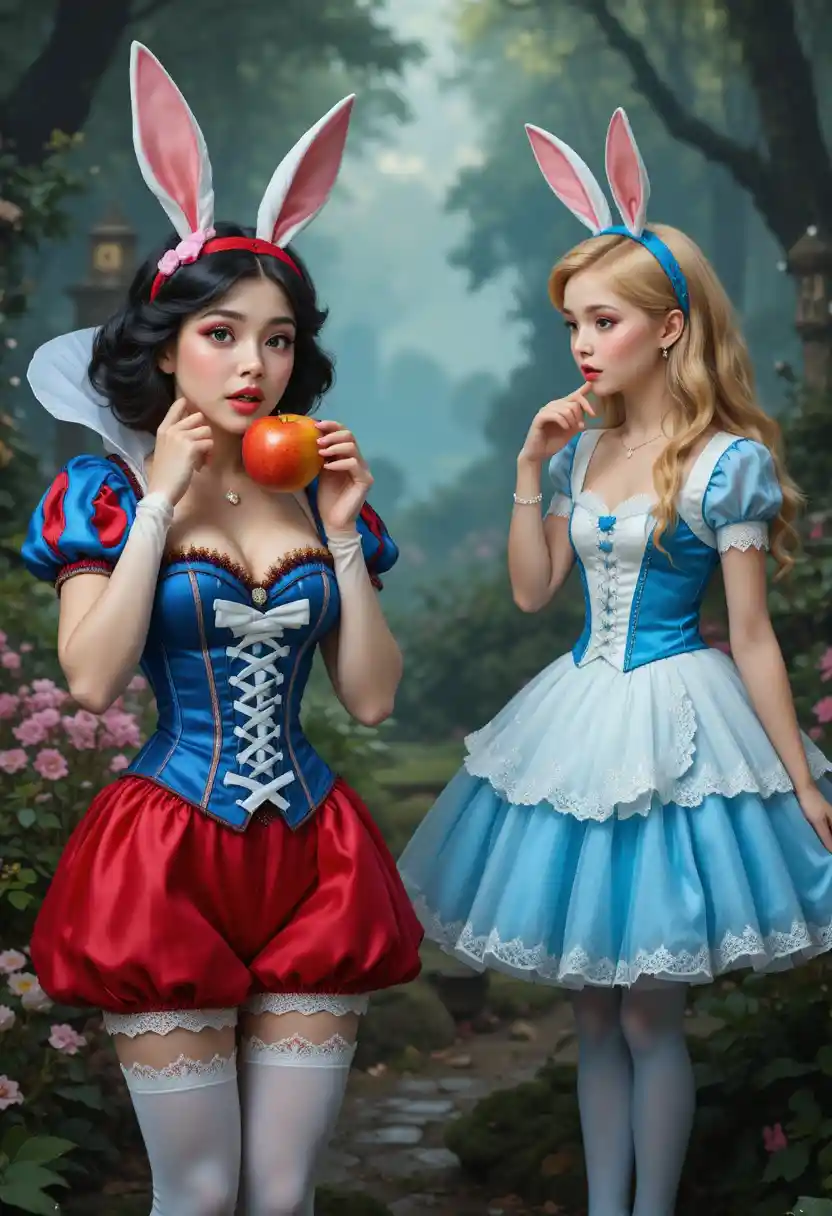 Blancanieves mordiendo una manzana mágica con cosplay de orejas de conejo