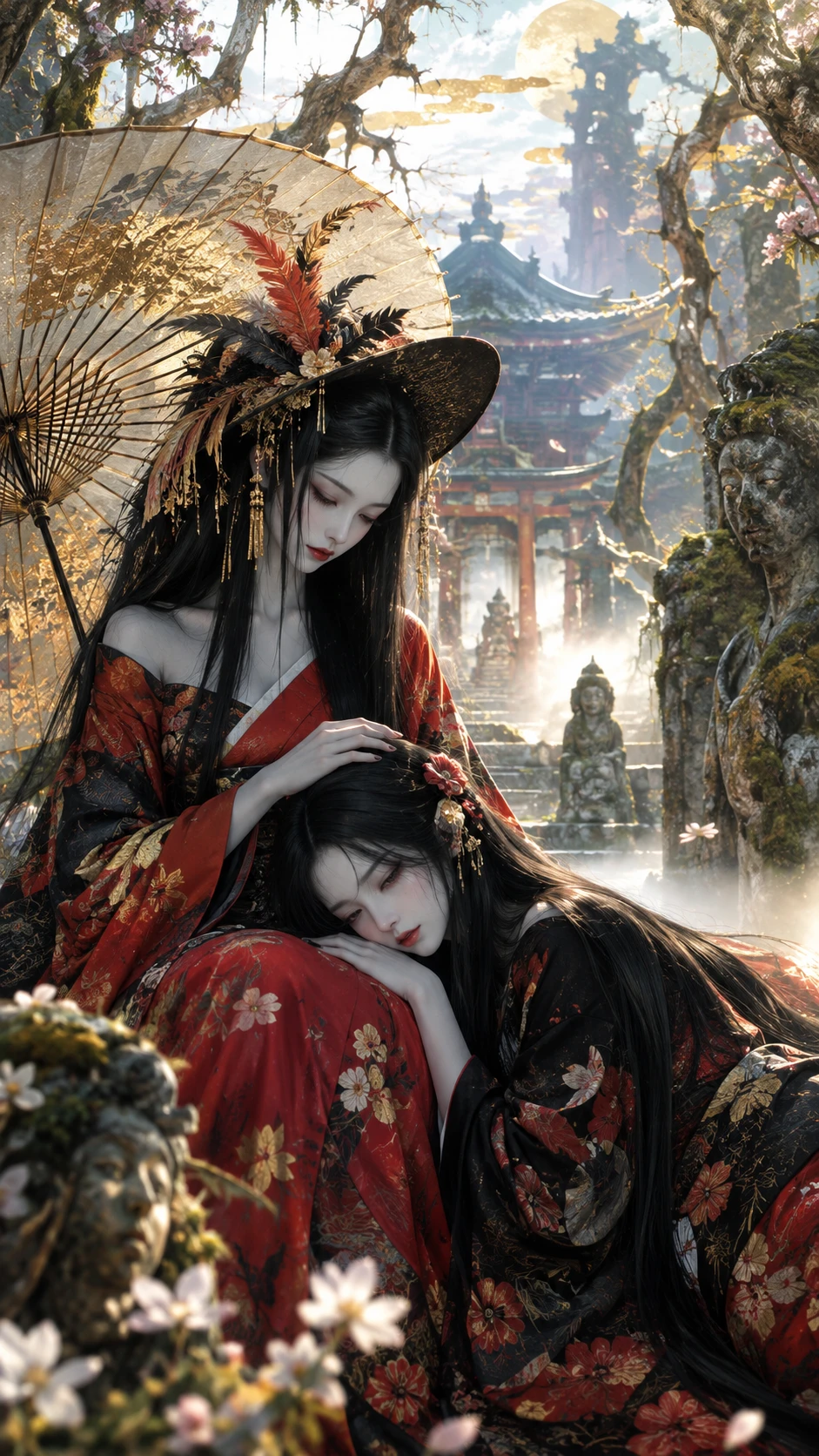 Mujeres japonesas fantasmales con kimonos en un templo embrujado