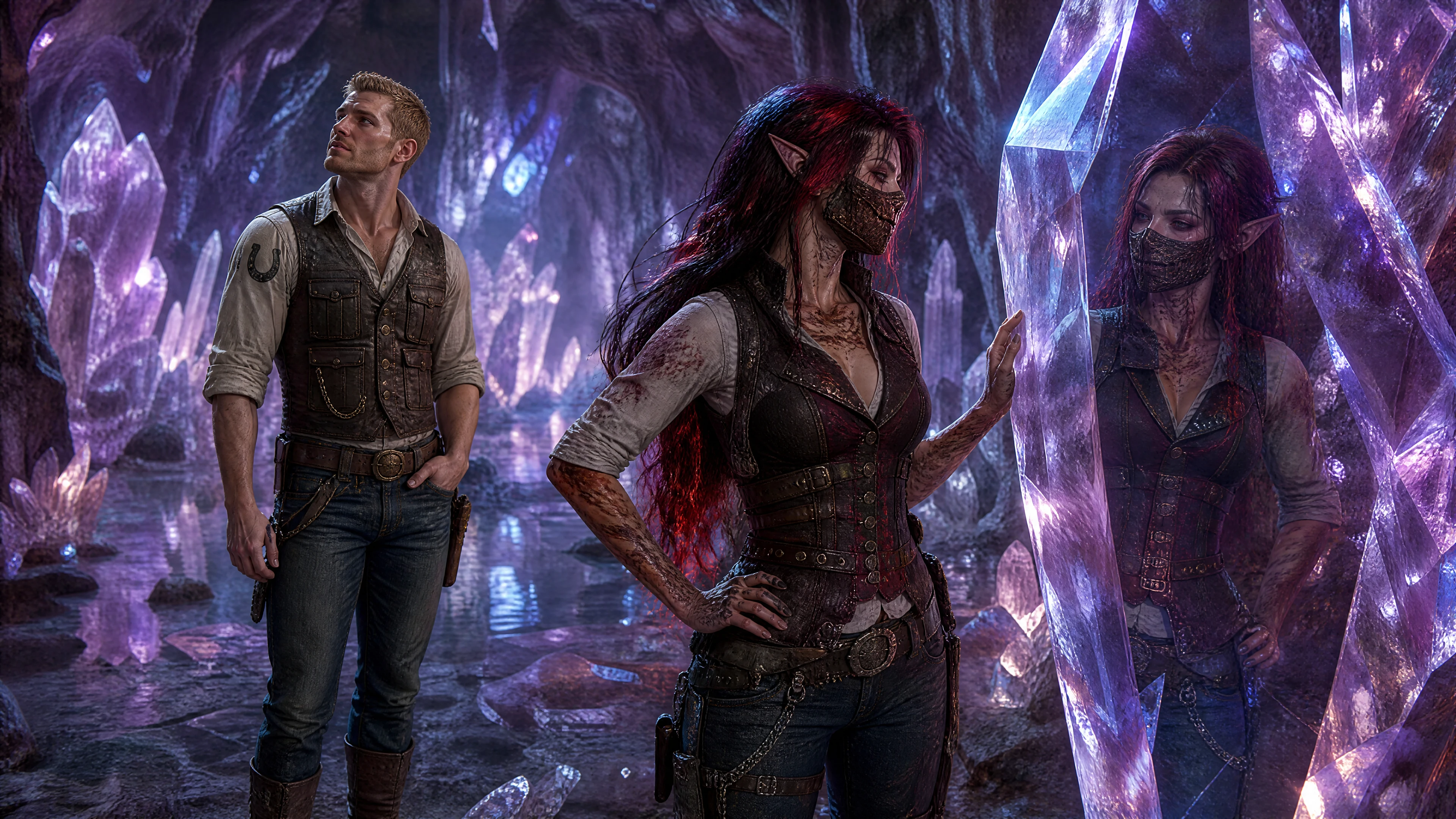 Pareja de fantasía explorando juntos una cueva de cristales brillantes