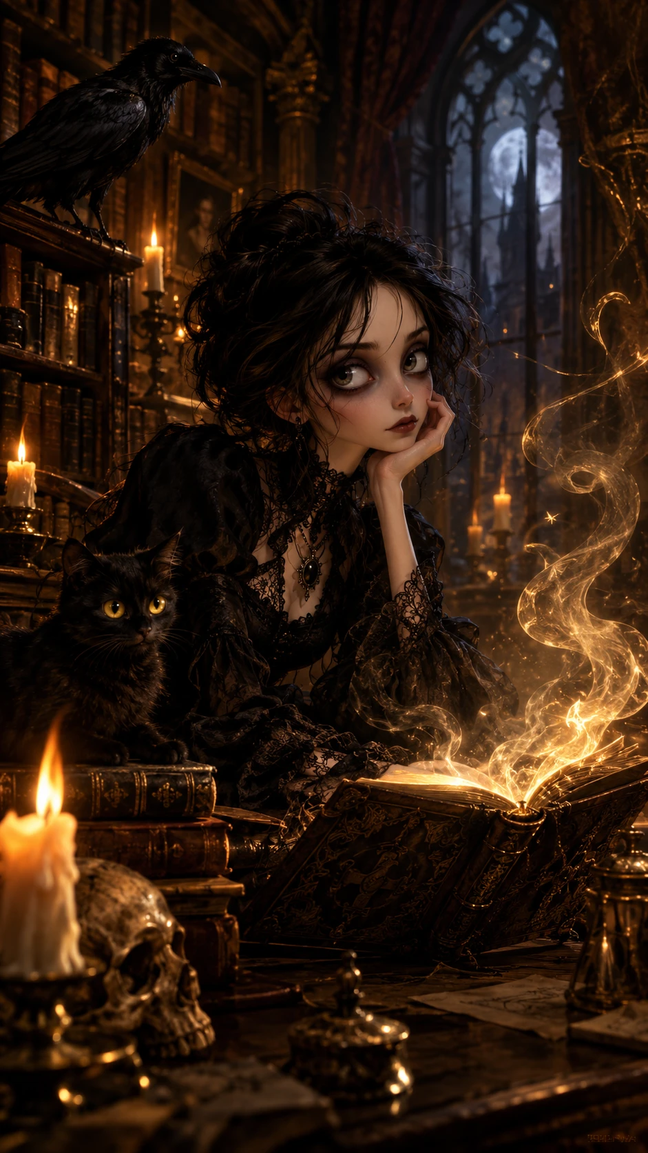 Chica de fantasía oscura en una biblioteca gótica a la luz de las velas - pintura