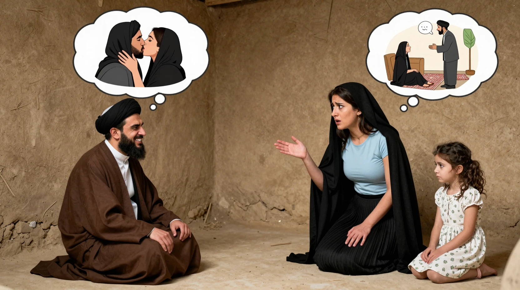 Cartoon cleric and woman arguing in a mud brick room