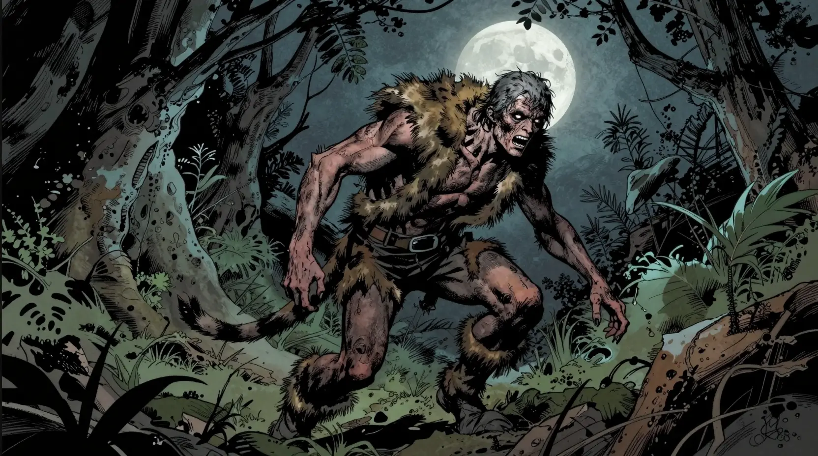 Feral man in animal furs under full moon at cave entrance