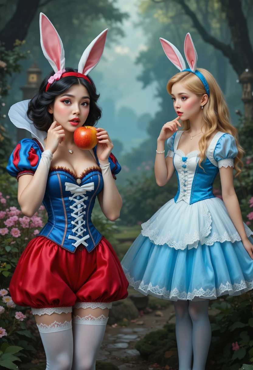 Blancanieves mordiendo una manzana mágica con cosplay de orejas de conejo