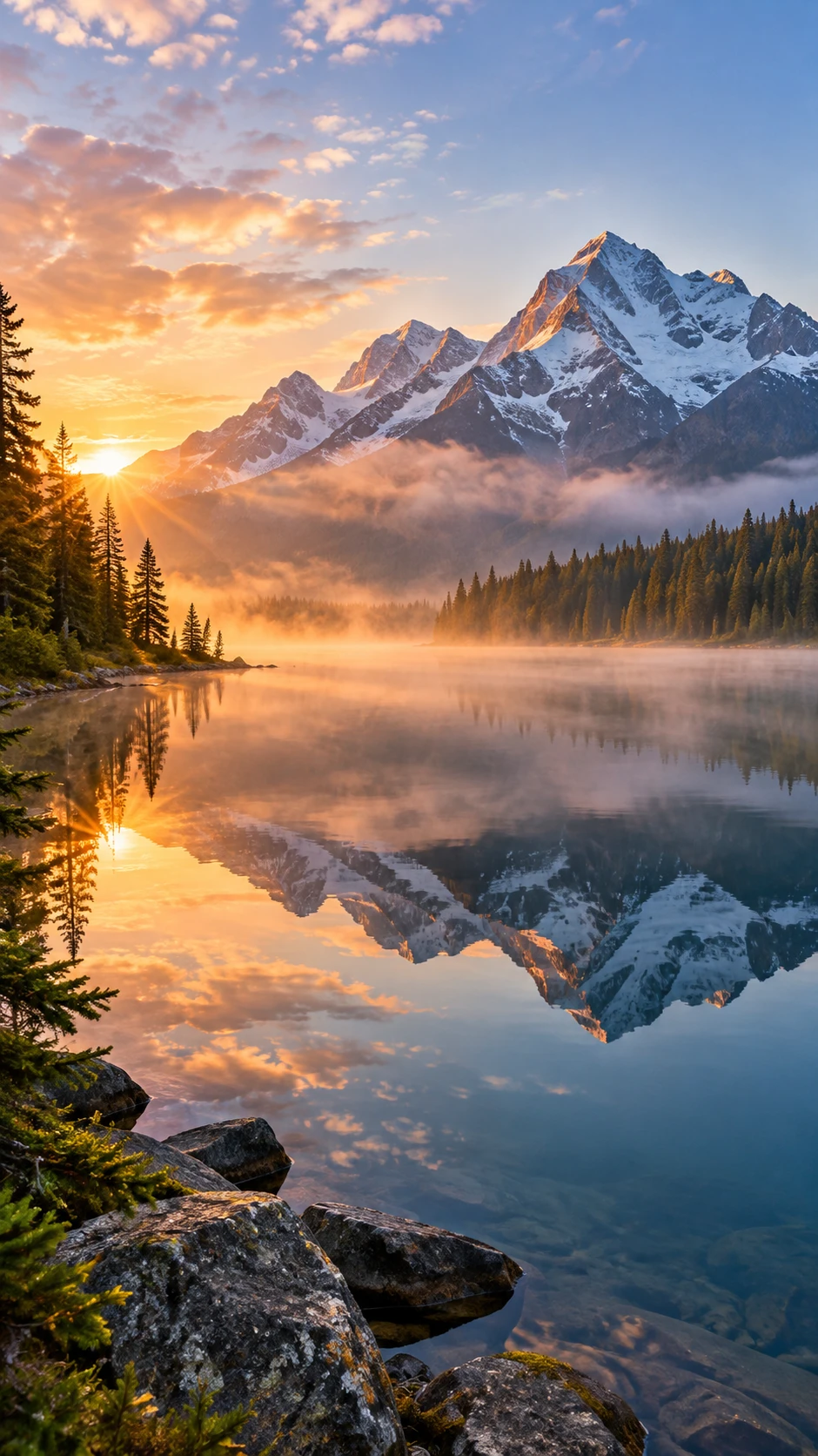 Lago de montaña sereno al amanecer con niebla y reflejos