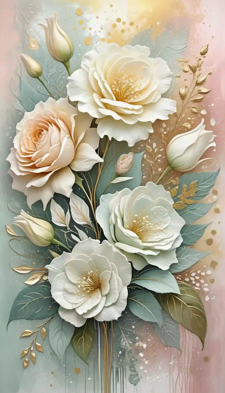 Textured white flowers with gold on soft pink background