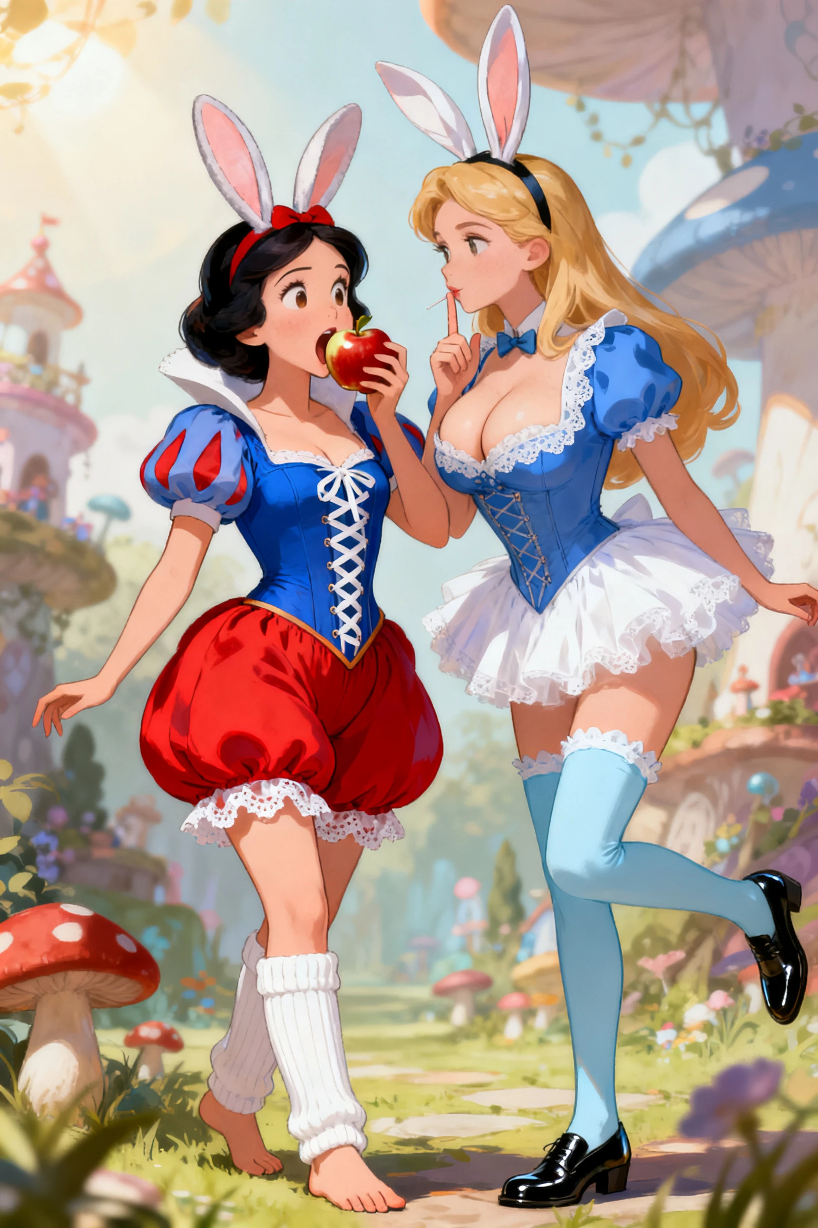 Blancanieves mordiendo una manzana tentadora en un mundo de fantasía