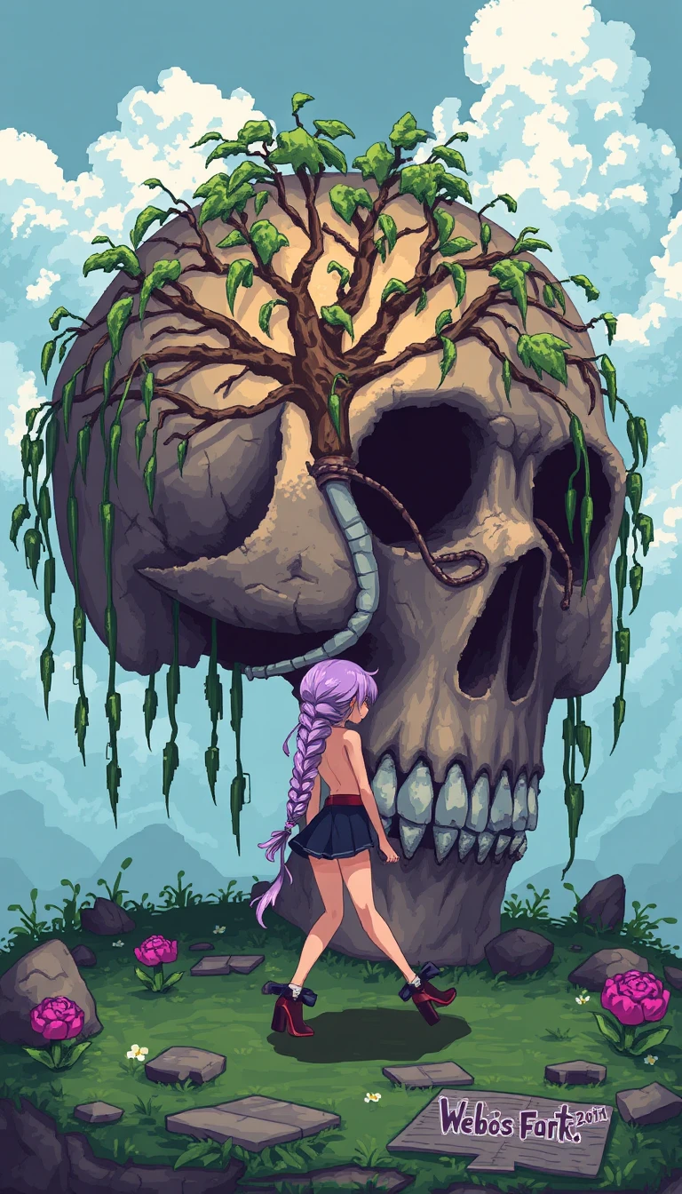 Ragazza in pixel art con trecce lilla accanto a un teschio gigante
