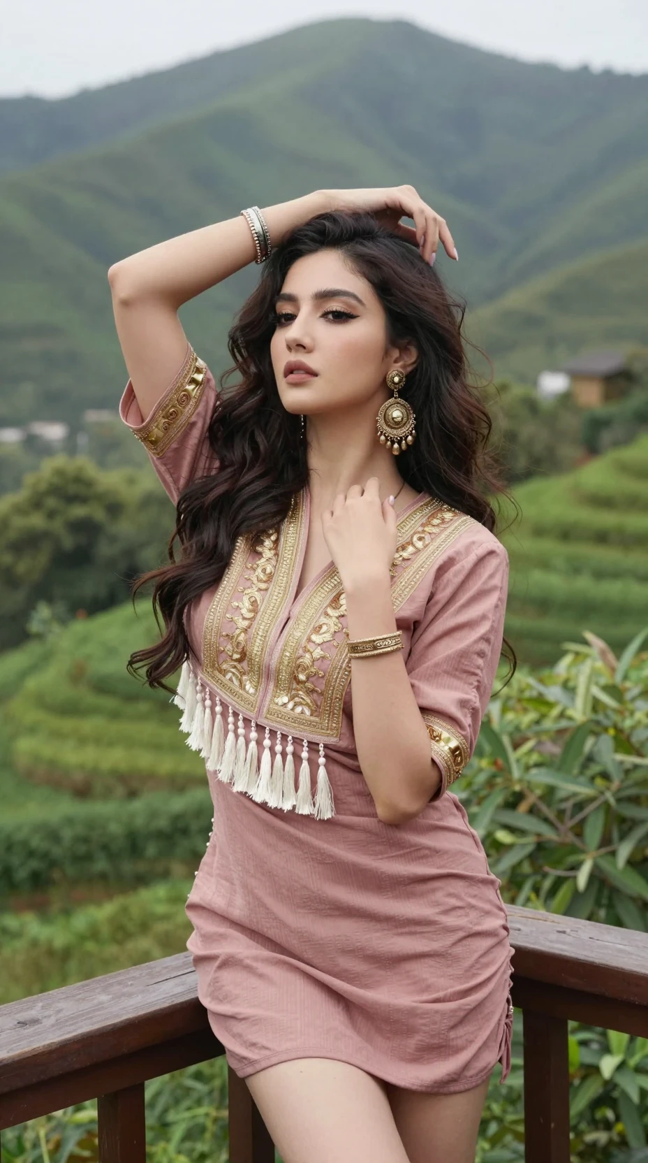 Mujer elegante en un balcón sobre montañas verdes y frondosas