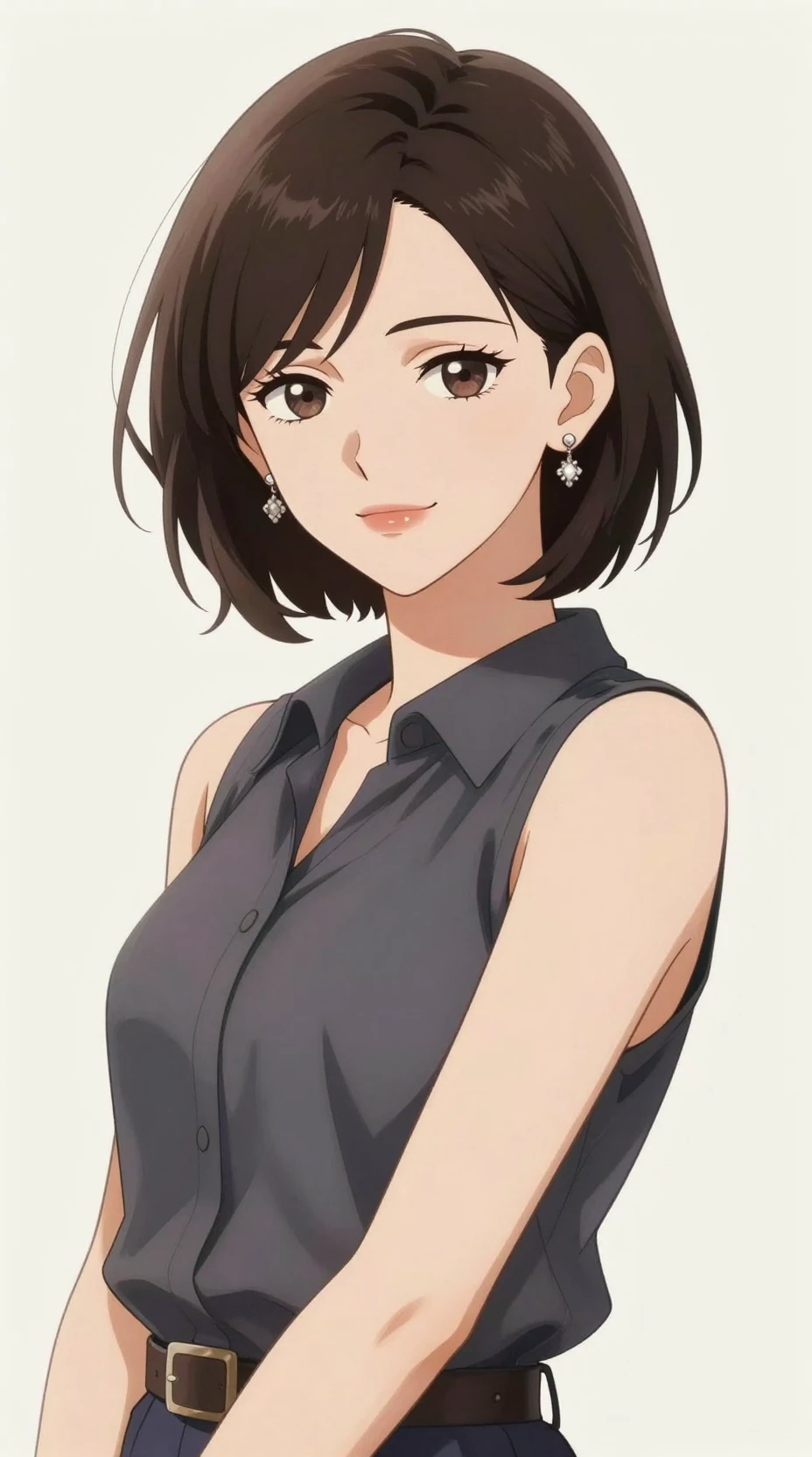 Confident anime woman with short hair and elegant earrings