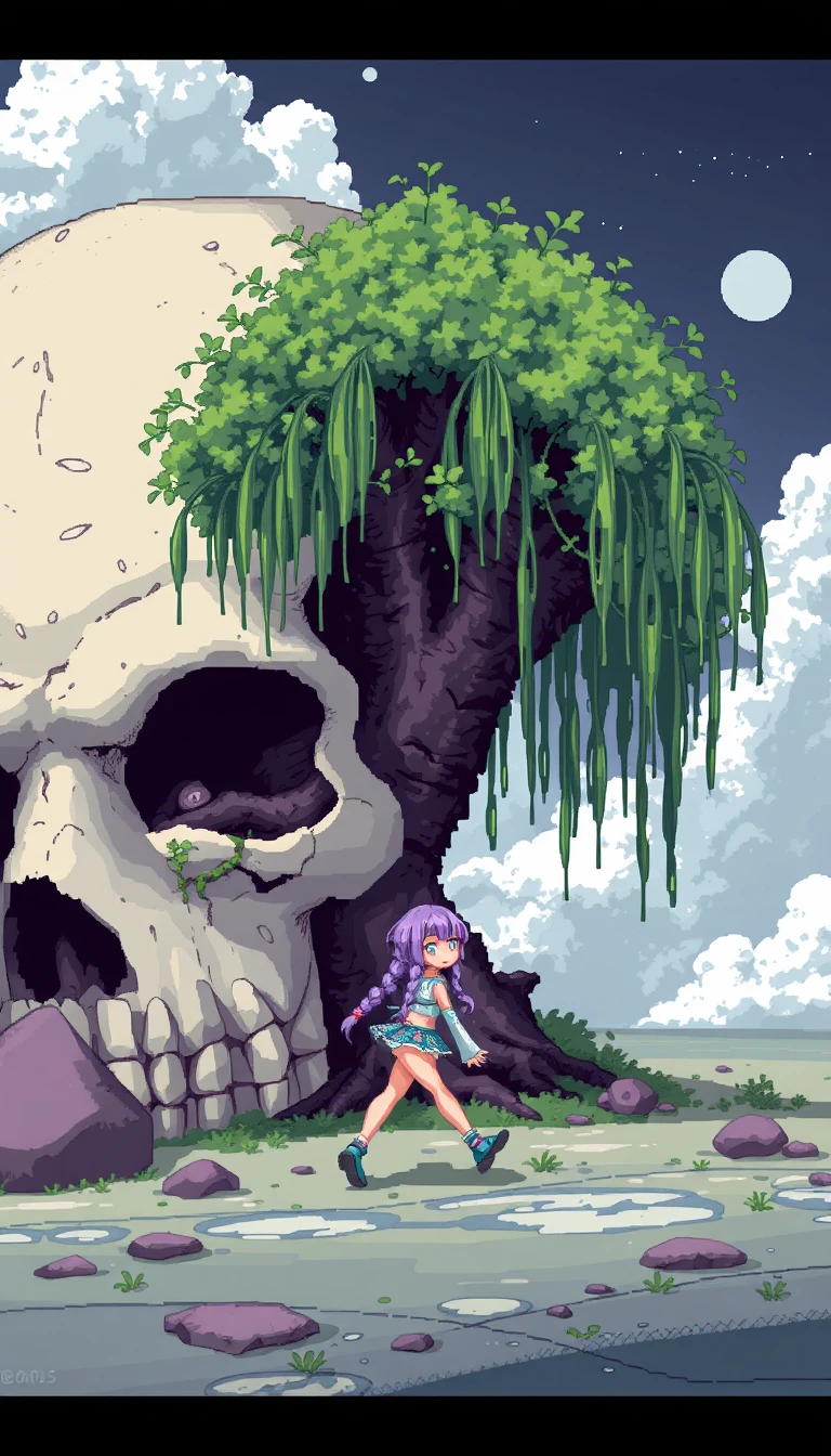 Pixel-Art-Mädchen, das an einem riesigen Totenkopfbaum vorbeigeht