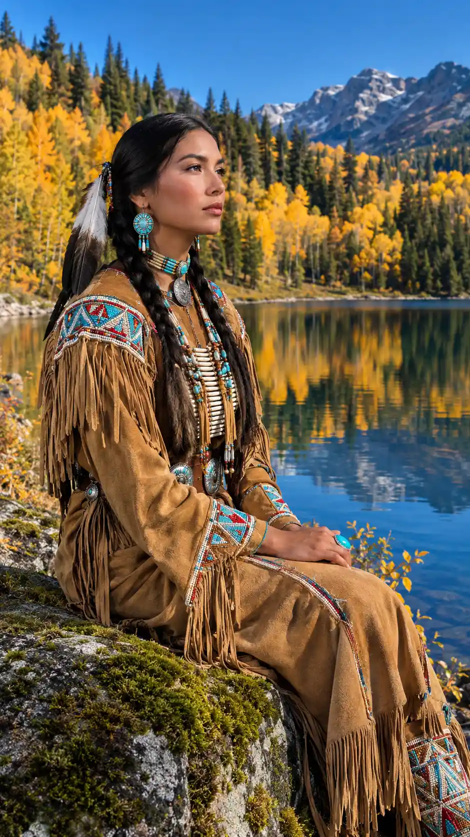 Indigenous woman by tranquil alpine lake in autumn forest