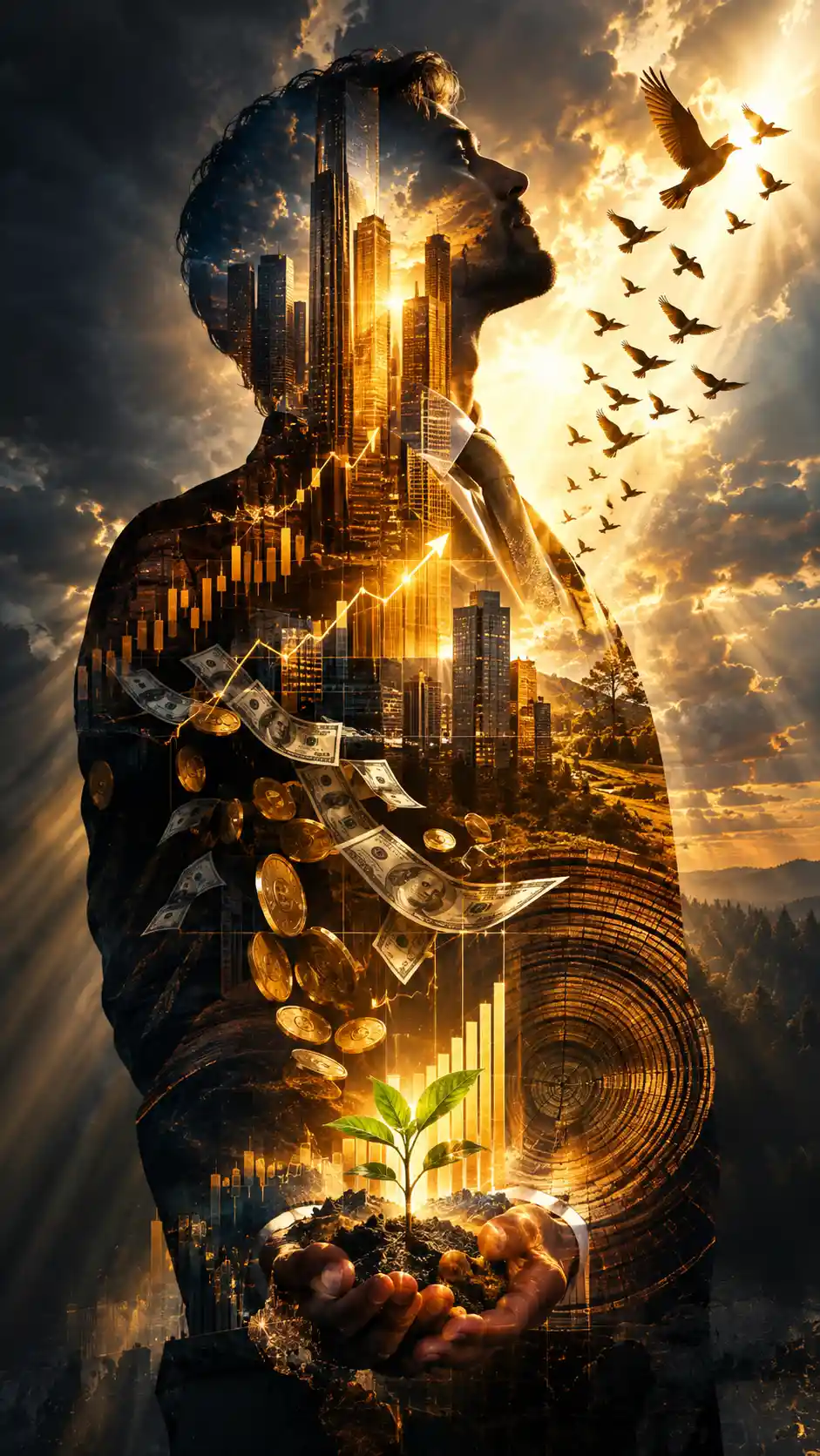 Double exposure business silhouette with golden skyscrapers