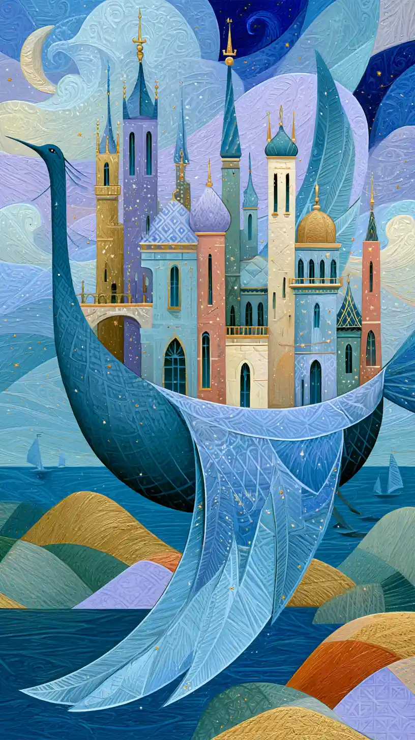 Surreal blue bird carrying a whimsical floating city