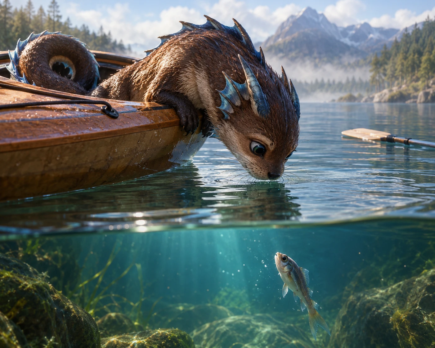 Créature anthropomorphe penchée depuis un kayak au-dessus d’une eau calme