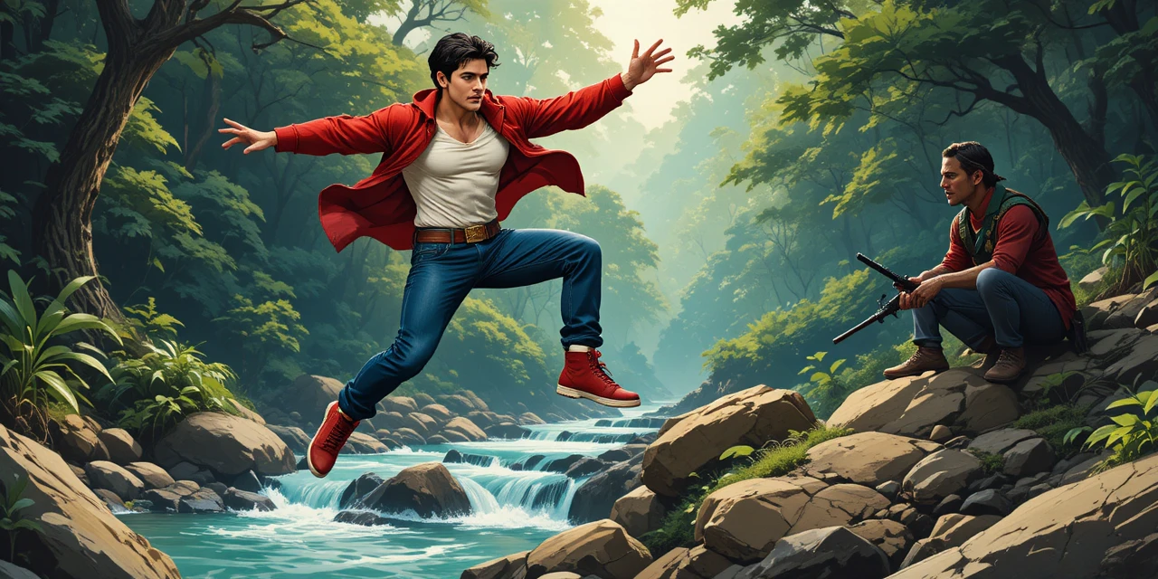 Daring young man leaping over a rocky forest river