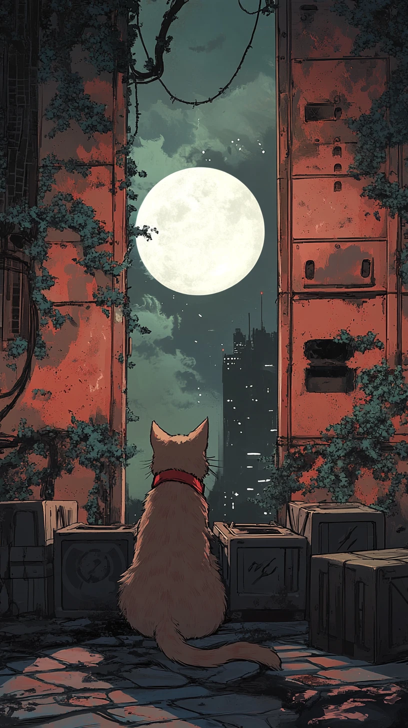 Ginger anime cat in red tie sitting on stone wall