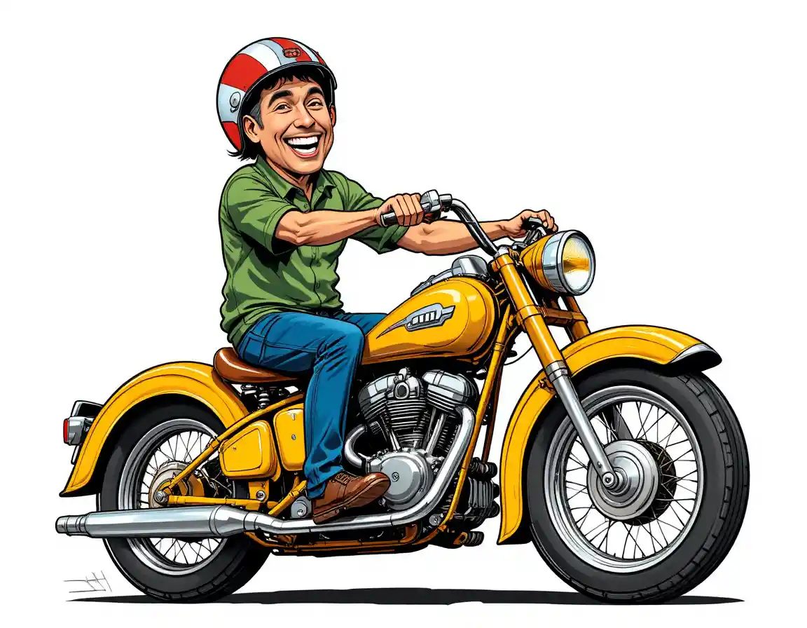 Cheerful man riding a vintage yellow motorcycle illustration
