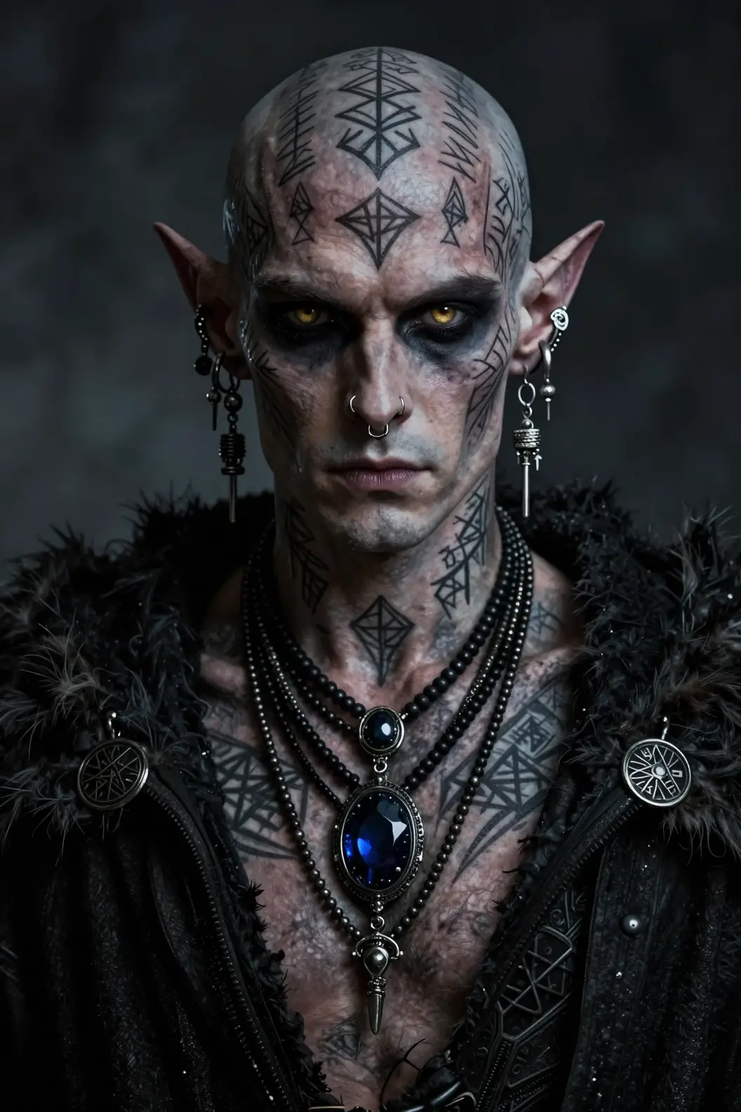 Dark elven warrior portrait with glowing amber eyes
