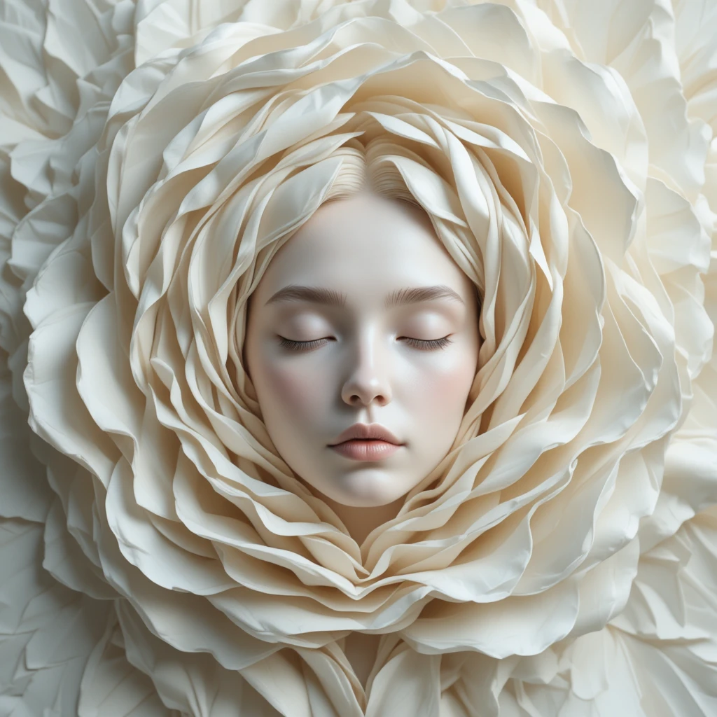 Serene Female Face In Layered Cream Sculptural Folds