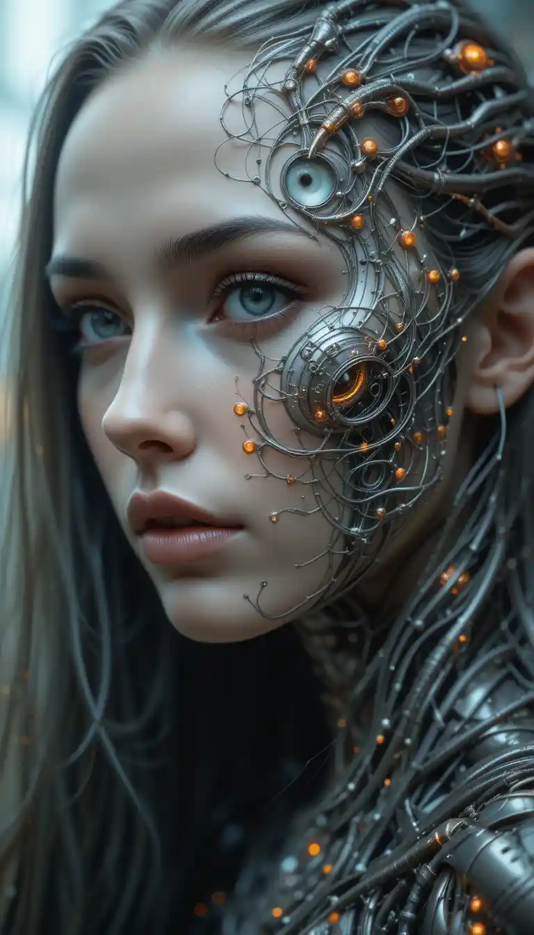 Surreal woman merging with biomechanical creature face