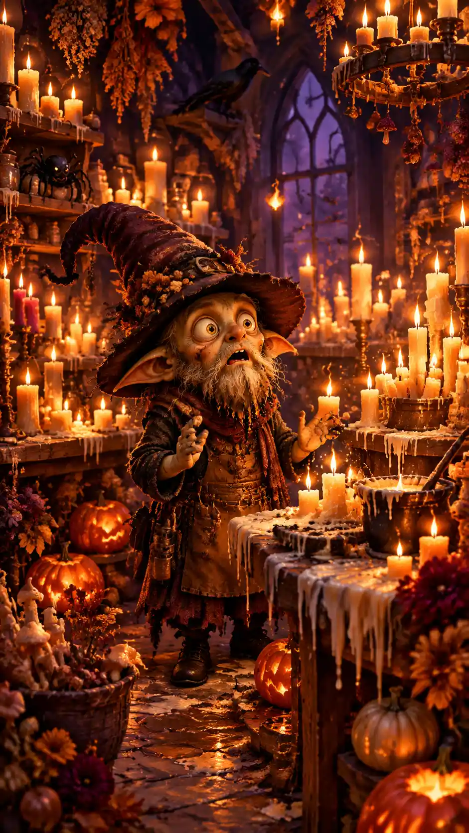 Goblin candle maker in a glowing autumn workshop