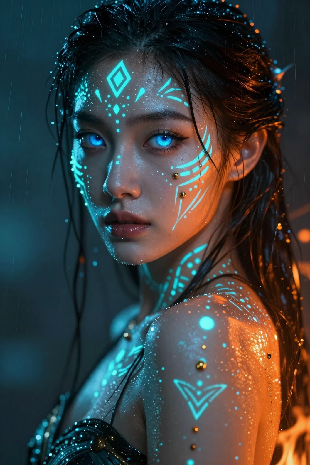 Mysterious warrior woman in rain with glowing tribal paint