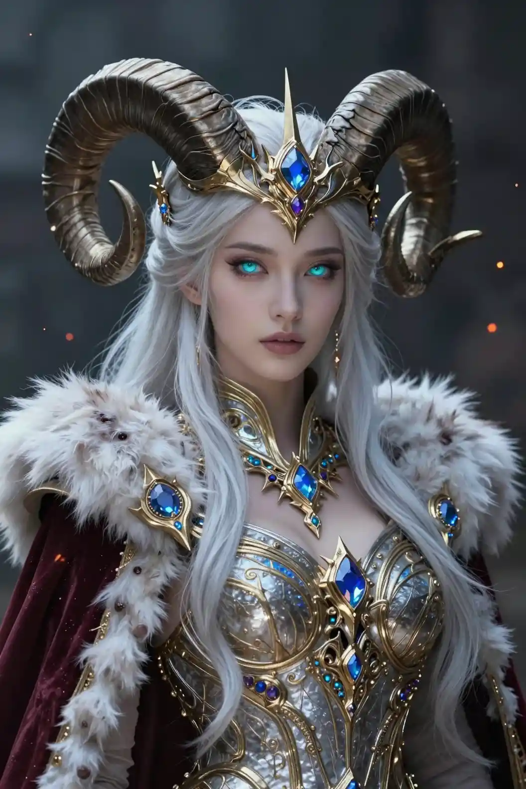 Regal horned warrior queen in ornate fantasy armor